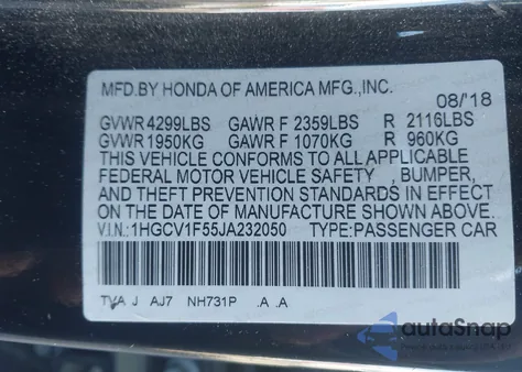 2018 Honda Accord Ex-L из США, поврежденный, VIN 1HGCV1F55JA232050